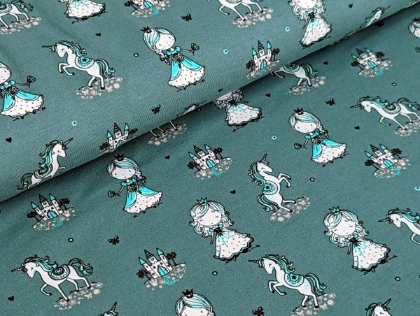 Baumwolljersey Prinzessin Einhorn auf Dark Dusty Mint